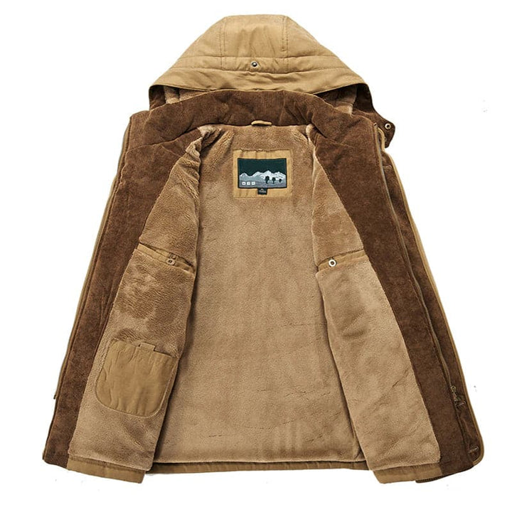 Men's hooded parka jacket with zip pockets, flap pockets and button fastening