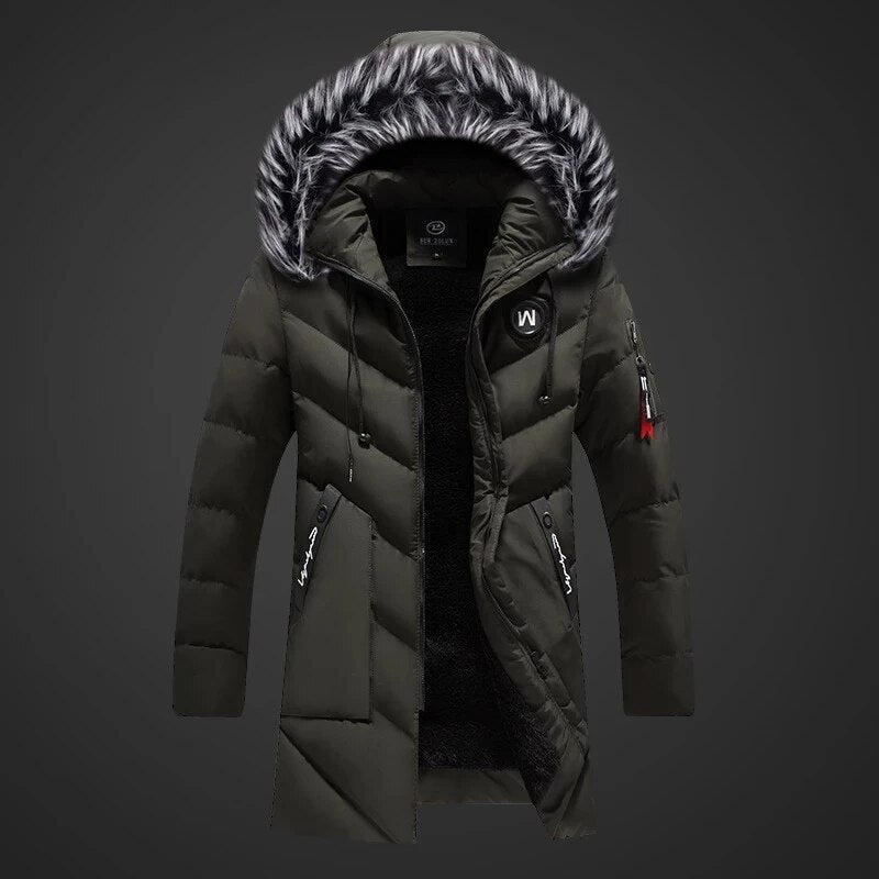 Men's longline padded coat with hood and faux fur trim