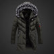 Men's longline padded coat with hood and faux fur trim