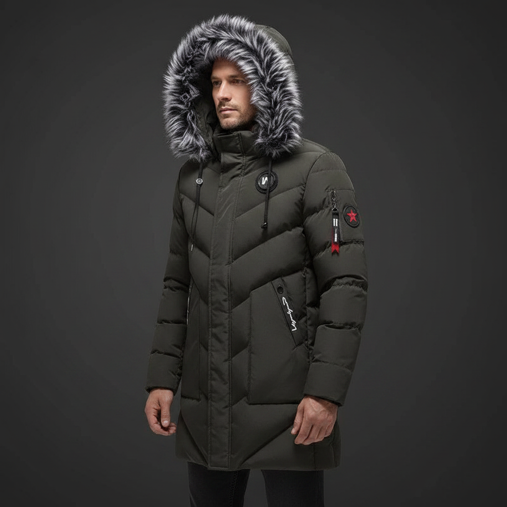 Men's long quilted winter parka with fur trim hood and zip pockets