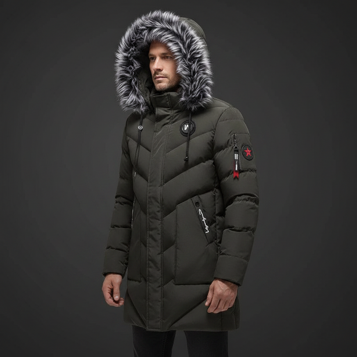 Men's long quilted winter parka with fur trim hood and zip pockets