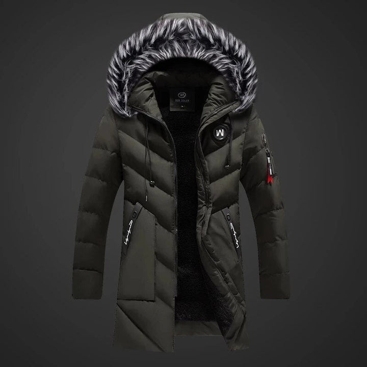 Men's long quilted winter parka with fur trim hood and zip pockets
