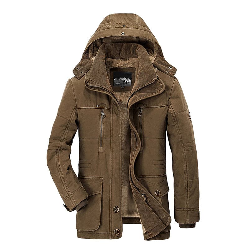 Men's hooded parka jacket with zip pockets, flap pockets and button fastening