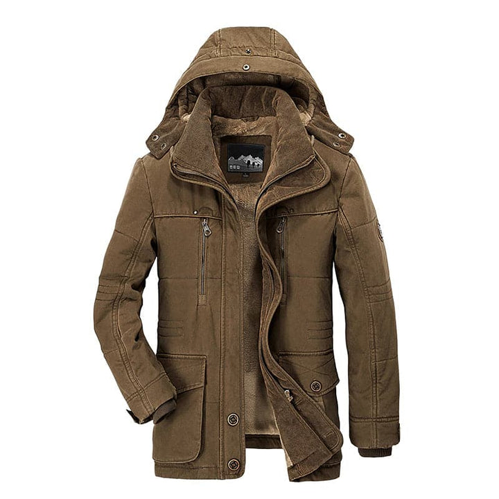 Men's hooded parka jacket with zip pockets, flap pockets and button fastening