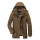 Men's hooded parka jacket with zip pockets, flap pockets and button fastening