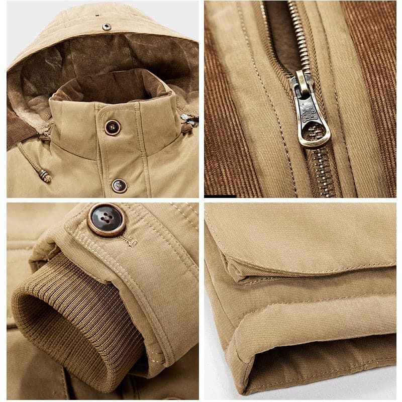 Men's hooded parka jacket with zip pockets, flap pockets and button fastening
