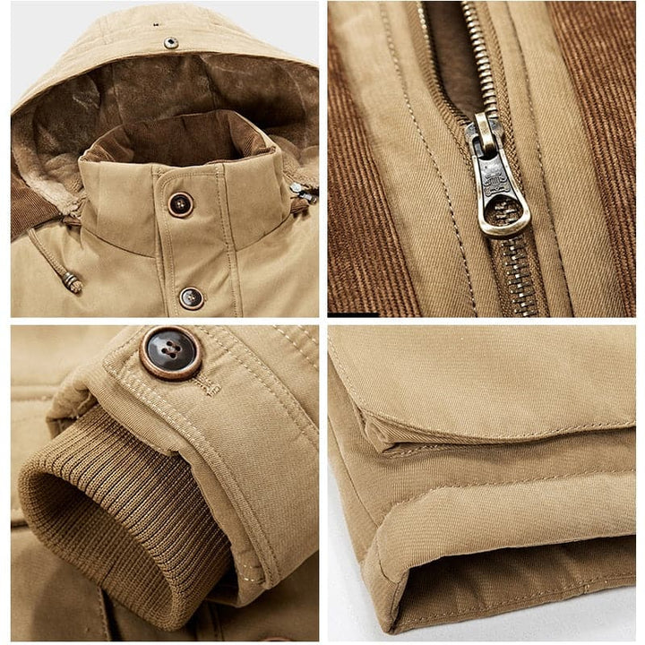 Men's hooded parka jacket with zip pockets, flap pockets and button fastening