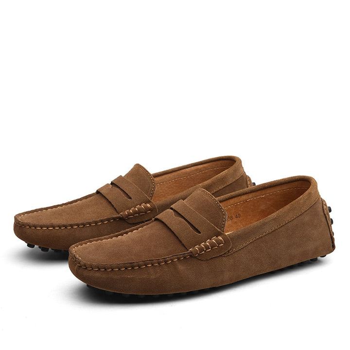 Men's moc toe loafers with penny strap detail and flat sole