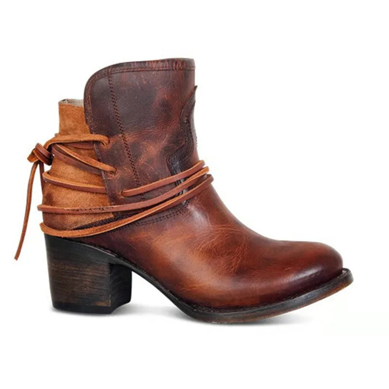 Women's western ankle boots with block heel and wrap tie detail