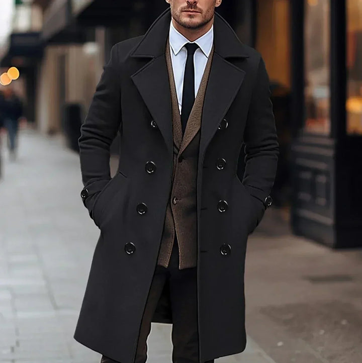 Men's long double-breasted coat with notched lapels and side pockets