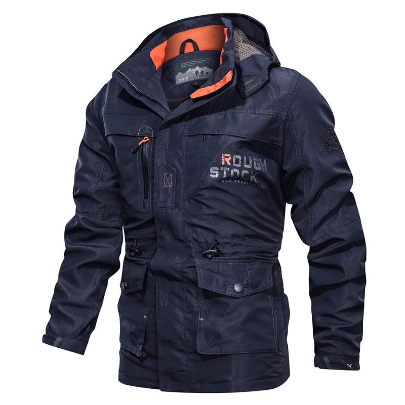 Men's hooded utility jacket with multiple pockets and contrast orange trim