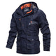 Men's hooded utility jacket with multiple pockets and contrast orange trim