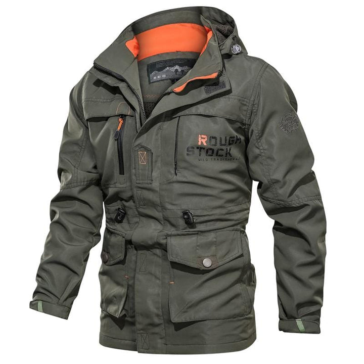 Men's hooded utility jacket with multiple pockets and contrast orange trim