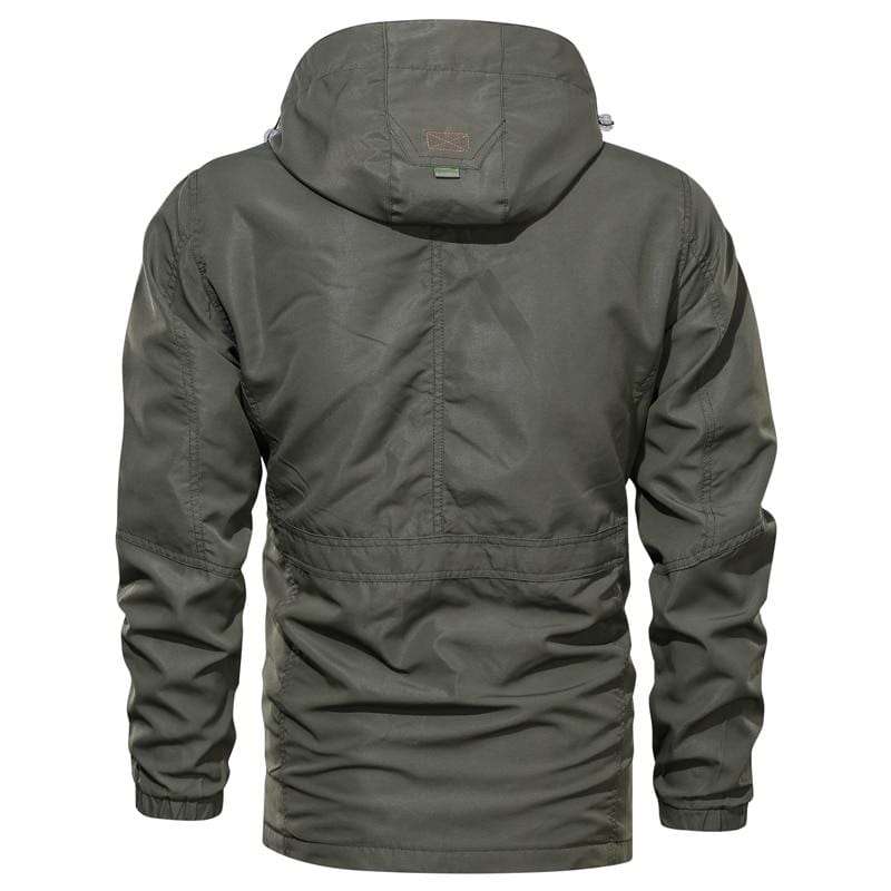 Men's hooded utility jacket with multiple pockets and contrast orange trim