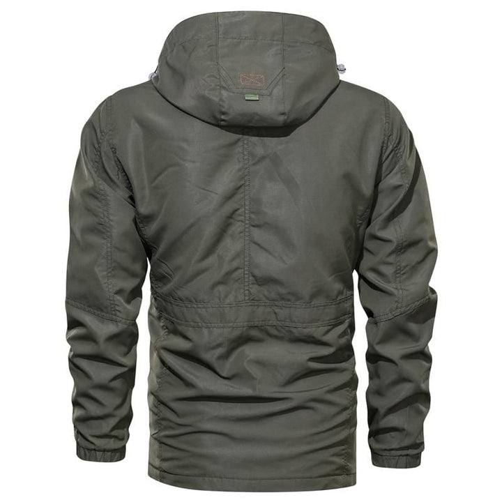Men's hooded utility jacket with multiple pockets and contrast orange trim