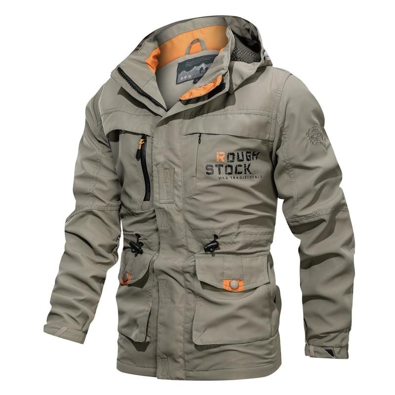 Men's hooded utility jacket with multiple pockets and contrast orange trim