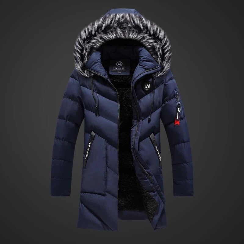 Men's longline padded coat with hood and faux fur trim