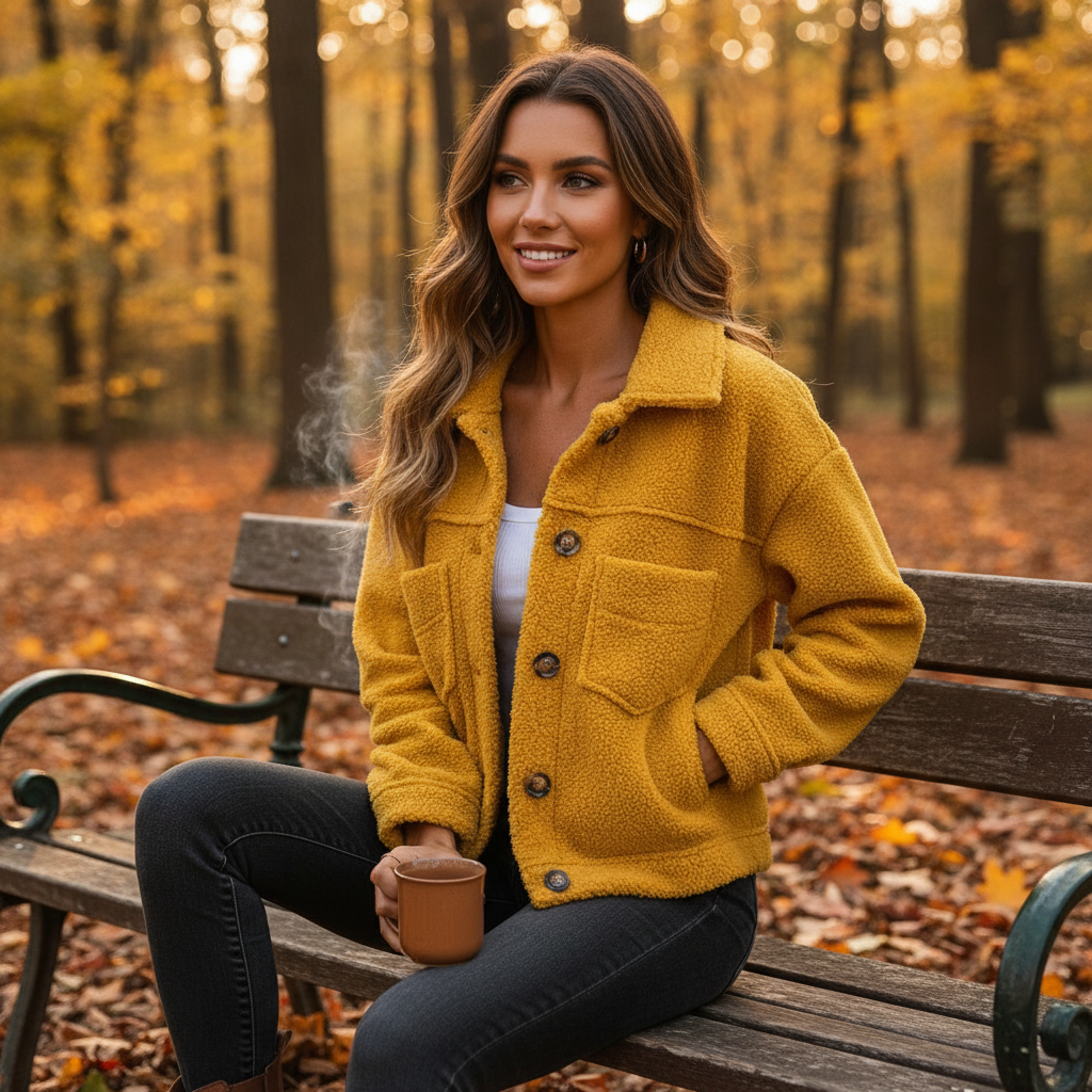 Women's sherpa jacket with shirt collar and four flap pockets