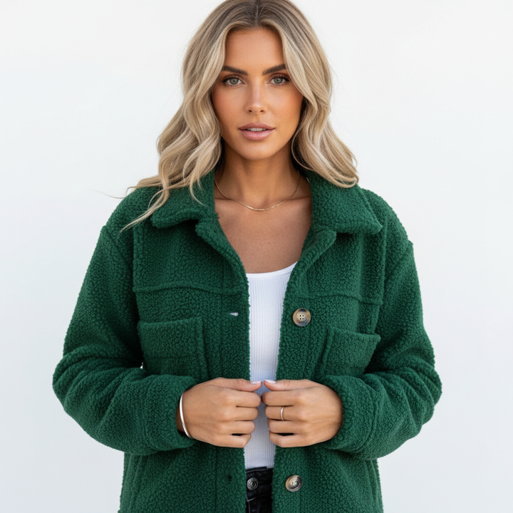 Women's sherpa jacket with shirt collar and four flap pockets