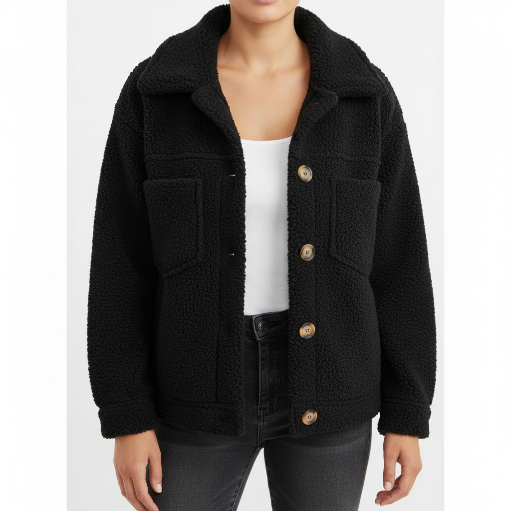 Women's sherpa jacket with shirt collar and four flap pockets