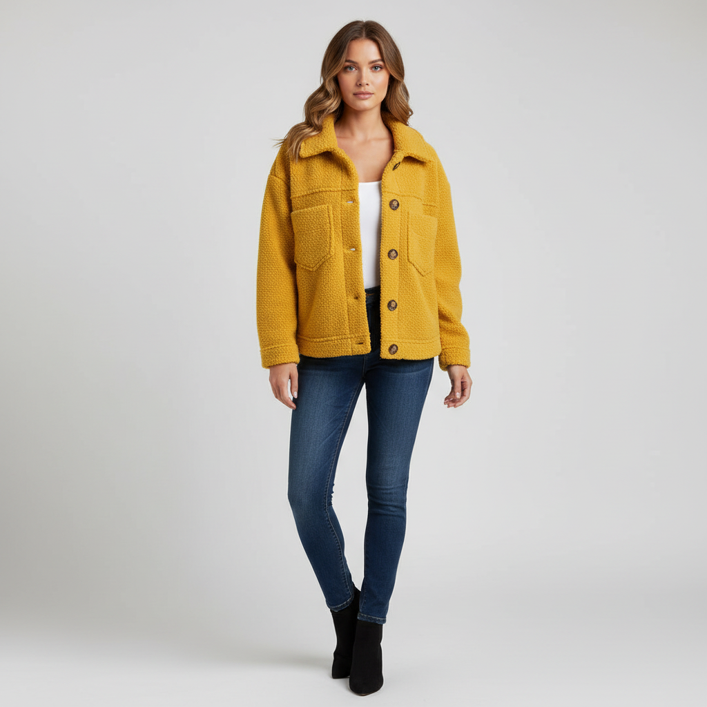 Women's sherpa jacket with shirt collar and four flap pockets