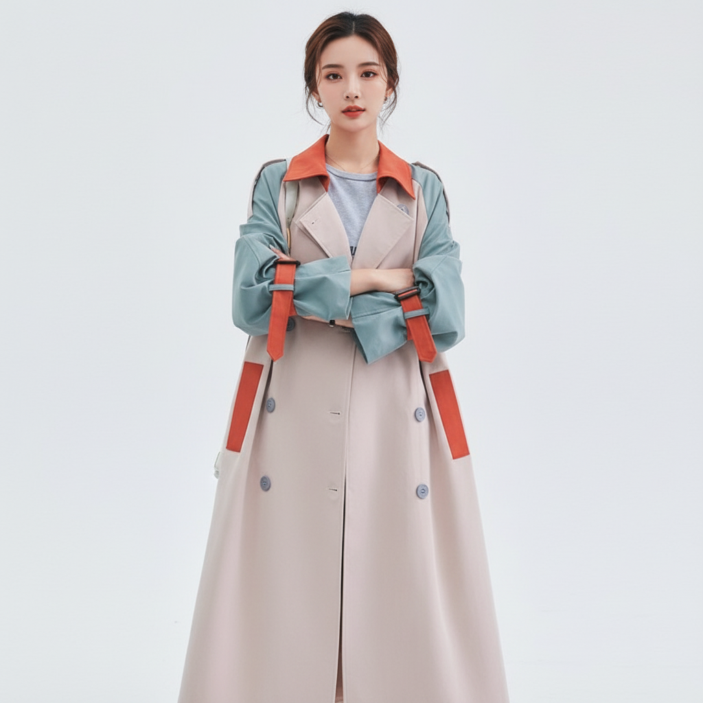 Women's colorblock trench coat with contrast panels and button front