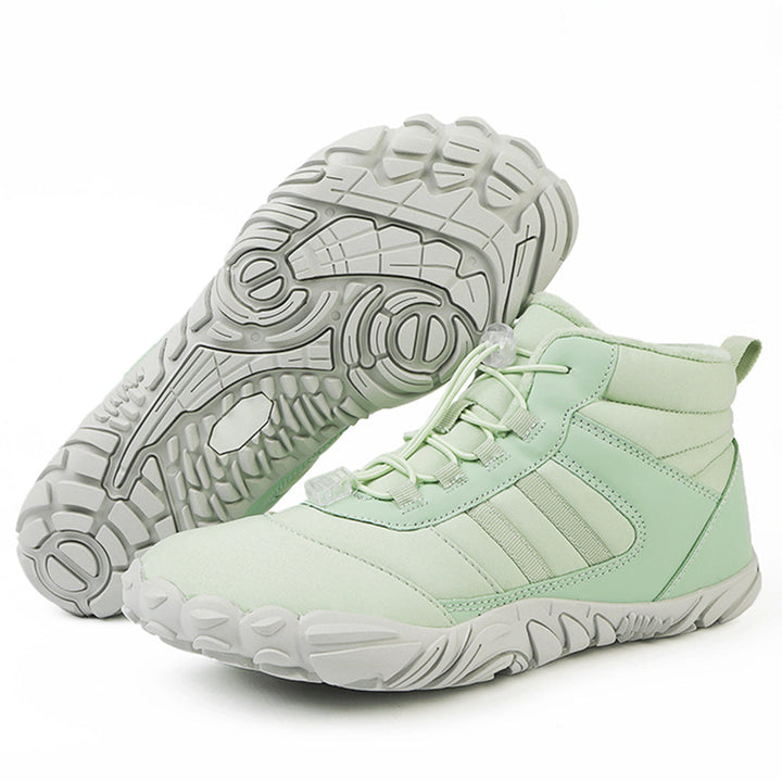 Winter barefoot high-top shoes with lace-up front and deep treaded soles