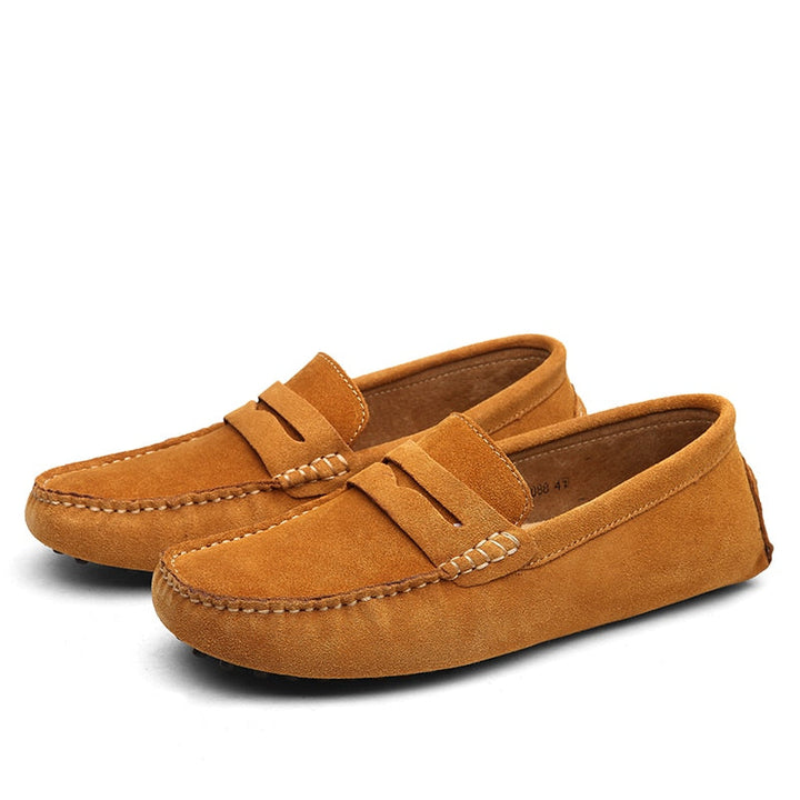 Men's moc toe loafers with penny strap detail and flat sole