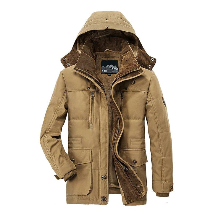 Men's hooded parka jacket with zip pockets, flap pockets and button fastening
