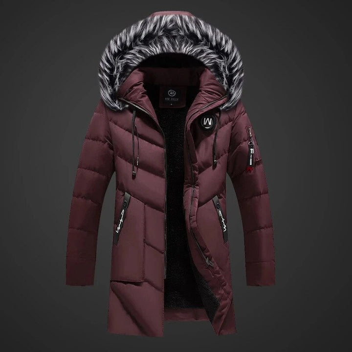 Men's longline padded coat with hood and faux fur trim