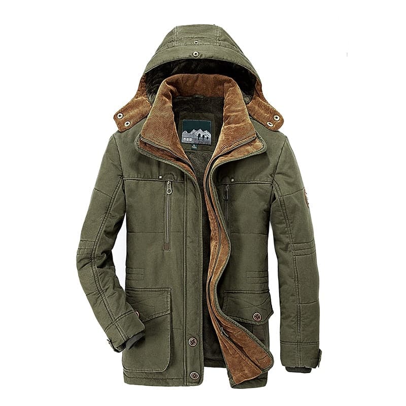 Men's hooded parka jacket with zip pockets, flap pockets and button fastening