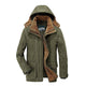Men's hooded parka jacket with zip pockets, flap pockets and button fastening