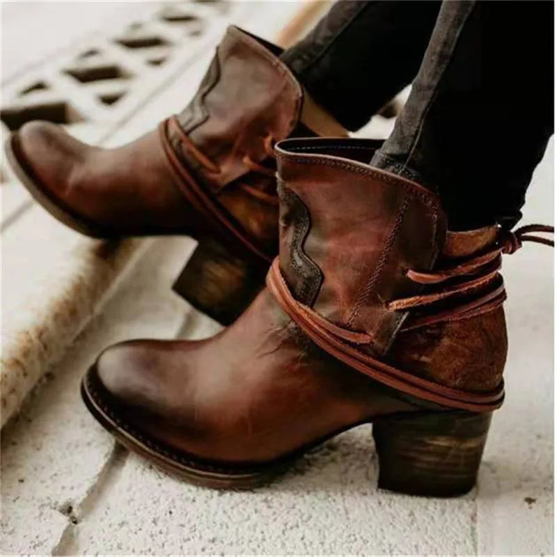 Women's western ankle boots with block heel and wrap tie detail