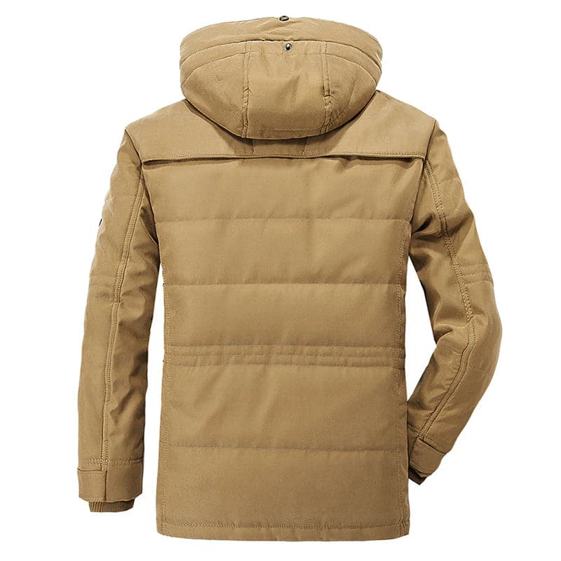 Men's hooded parka jacket with zip pockets, flap pockets and button fastening