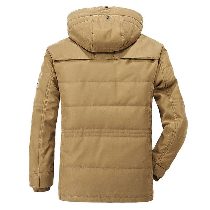 Men's hooded parka jacket with zip pockets, flap pockets and button fastening