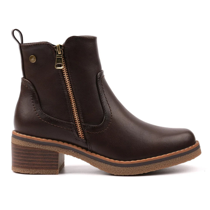 Women's brown ankle boots with side zipper, rounded toe and block heel