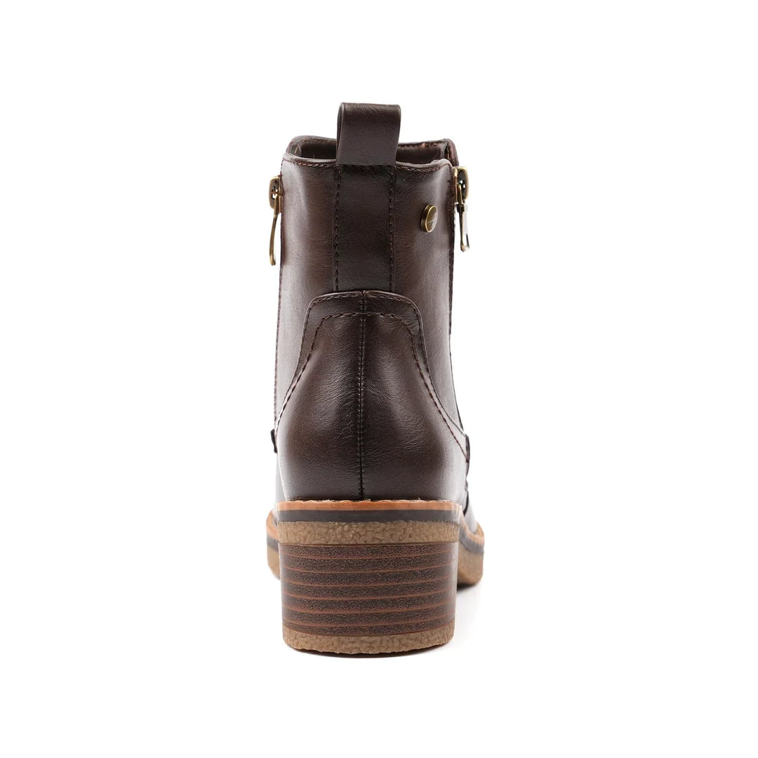 Women's brown ankle boots with side zipper, rounded toe and block heel