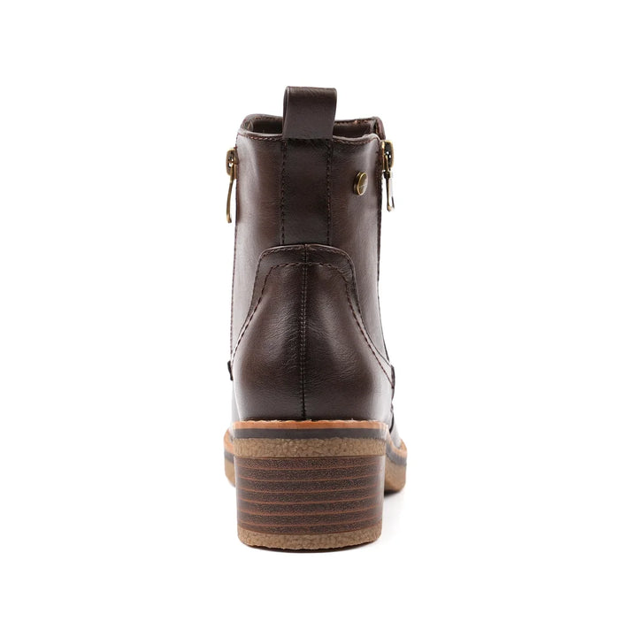 Women's brown ankle boots with side zipper, rounded toe and block heel