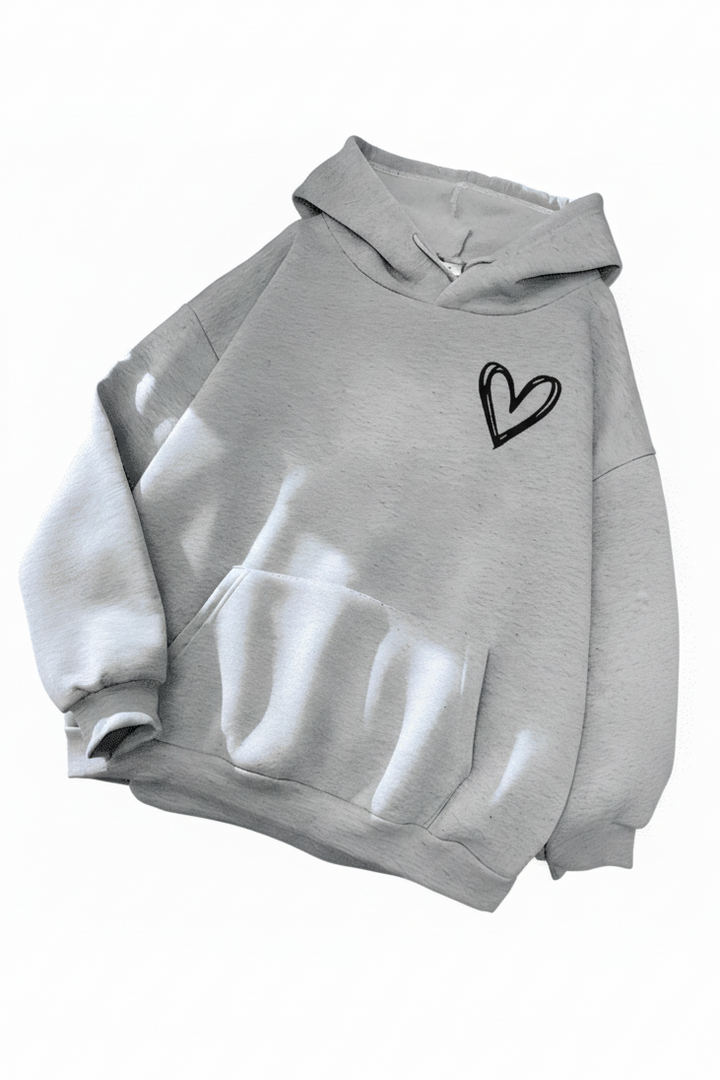 Women's hooded sweatshirt with white heart graphic and kangaroo pocket