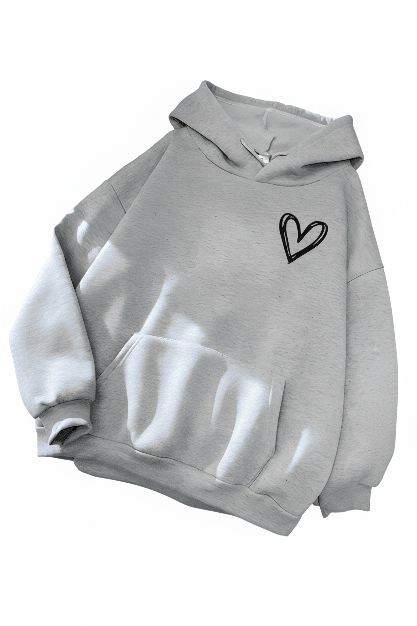 Women's hooded sweatshirt with white heart graphic and kangaroo pocket