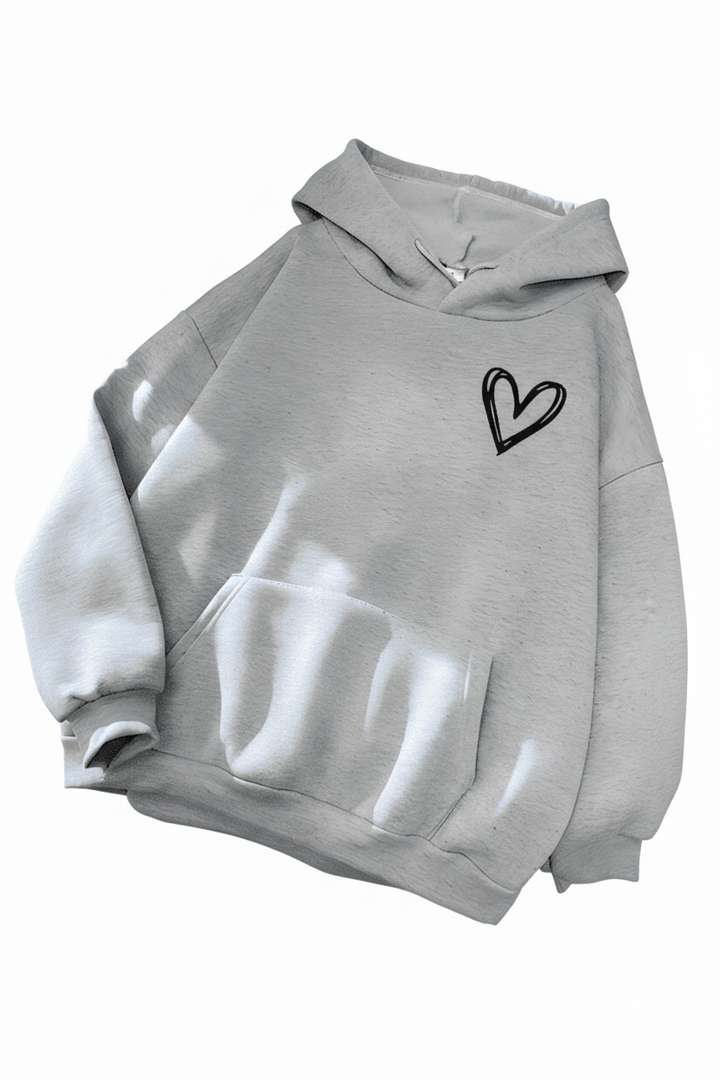 Women's hooded sweatshirt with white heart graphic and kangaroo pocket