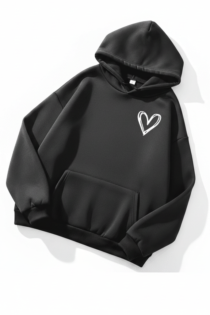 Women's hooded sweatshirt with white heart graphic and kangaroo pocket