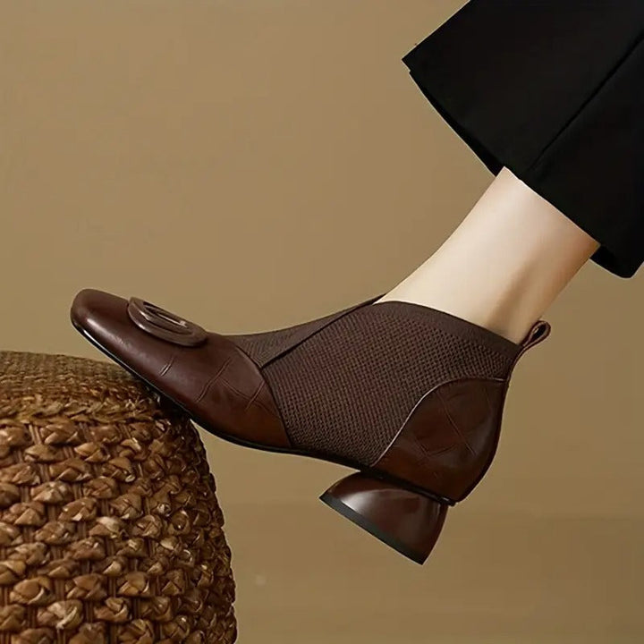 Women's ankle boots with square toes, textured side panels and block heels