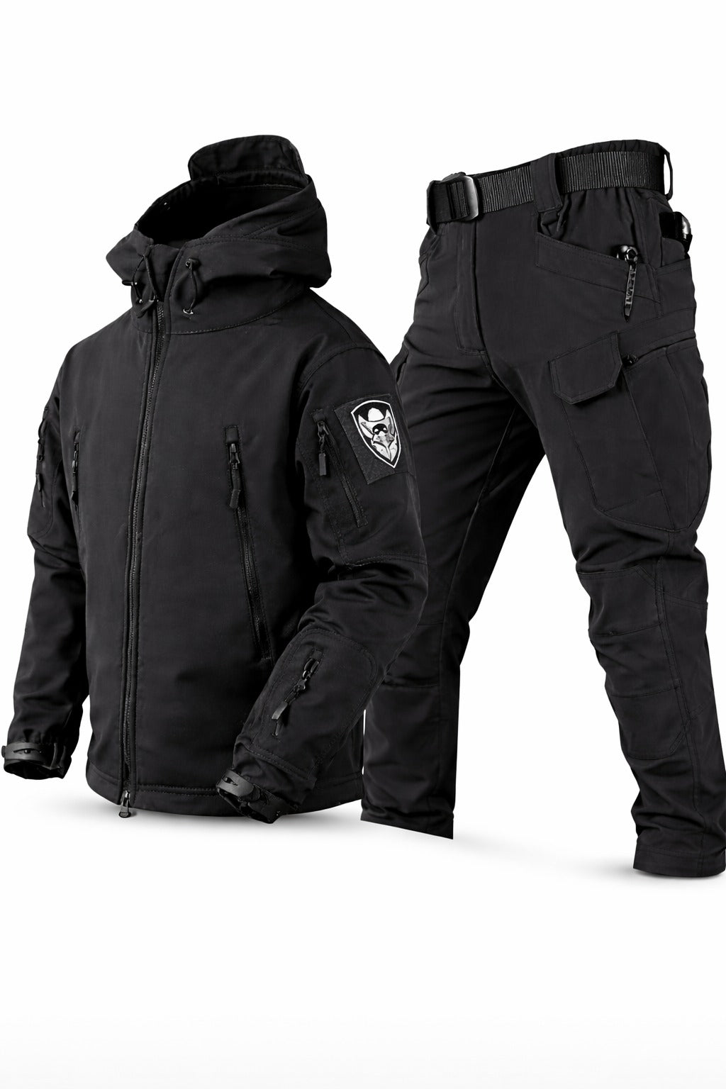 Men's hooded outdoor jacket and cargo trousers set with utility pockets
