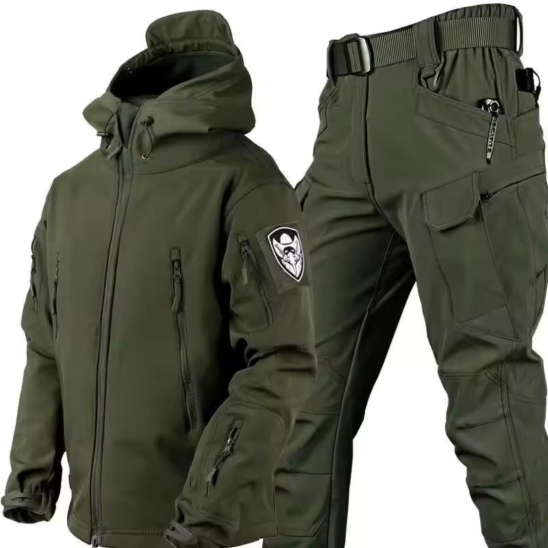 Men's hooded outdoor jacket and cargo trousers set with utility pockets