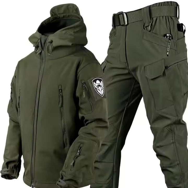 Men's hooded outdoor jacket and cargo trousers set with utility pockets