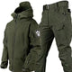 Men's hooded outdoor jacket and cargo trousers set with utility pockets