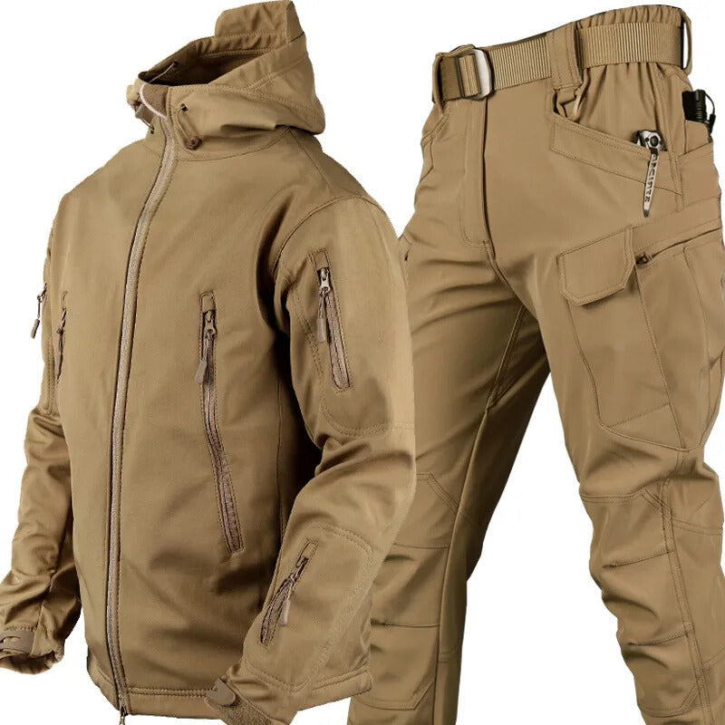 Men's hooded outdoor jacket and cargo trousers set with utility pockets