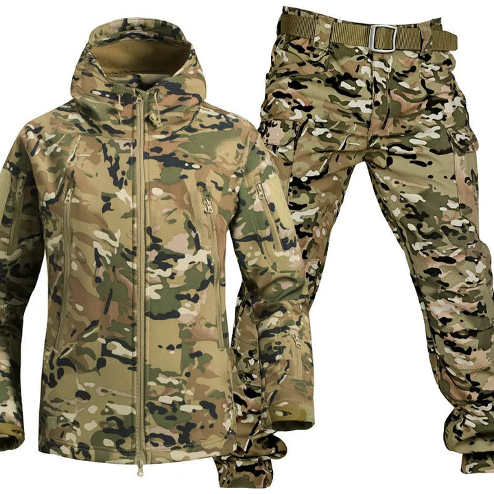 Men's hooded outdoor jacket and cargo trousers set with utility pockets