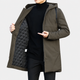 Men's hooded long jacket shown open with diamond-quilted lining